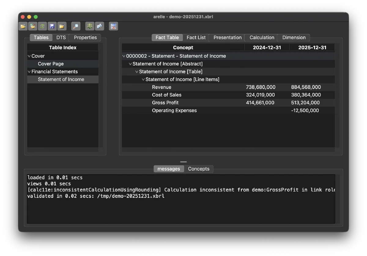 The Arelle desktop app showing a validated filing with facts and validation messages.