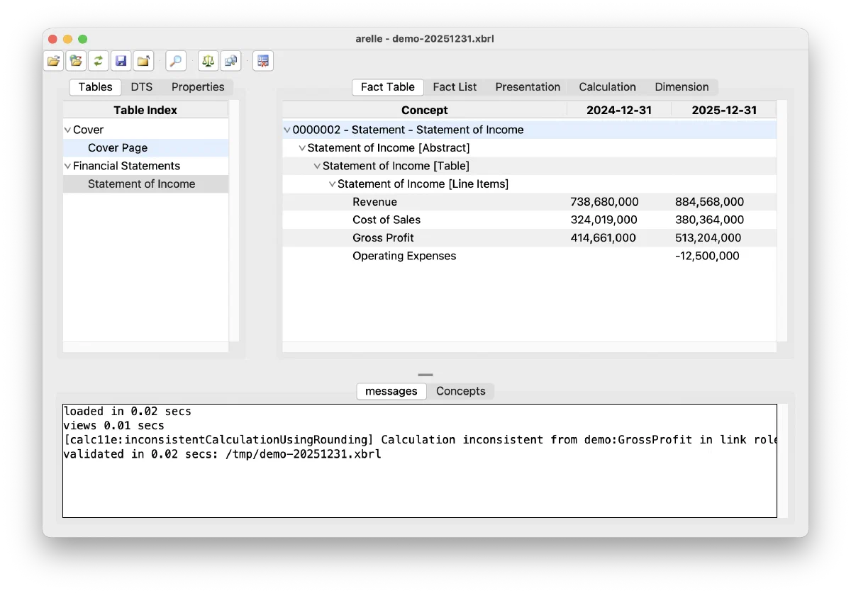 The Arelle desktop app showing a validated filing with facts and validation messages.